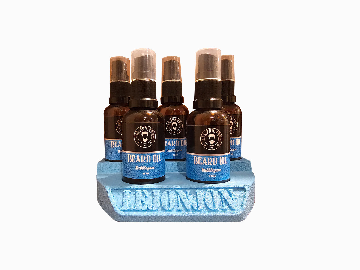 light blue beard oil stand